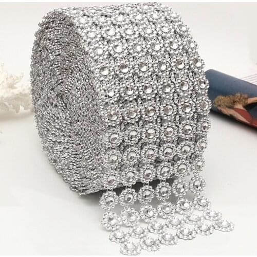 1Yard Silver Sunflower Rhinestone Crystal Ribbon Faux Diamond Ribbon Acrylic Flower Mesh Wrap Tape for Wedding Party Decorations