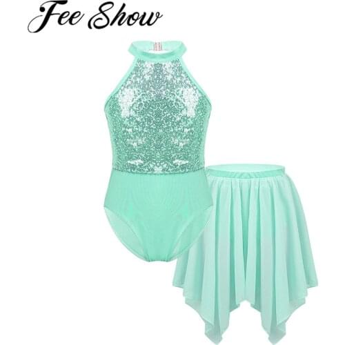 Kids Girls Ballerina Costume Dress Halter Neck Sequins Ballet Dance Gymnastics Leotard with Irregular Hem Chiffon Dancing Skirt