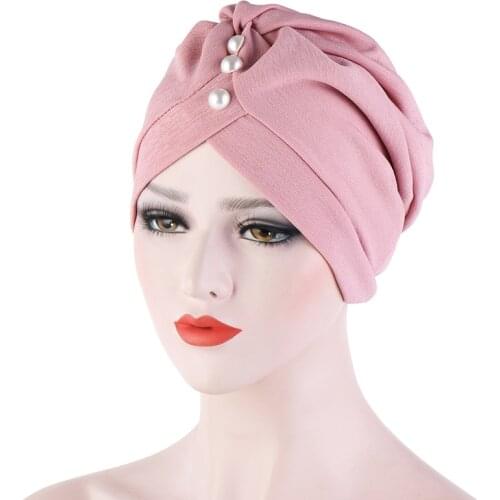 2020 new Muslim turban Islamic stretch cross hat scarf female elegant headscarf pearl decoration Hijabs for women solid turban