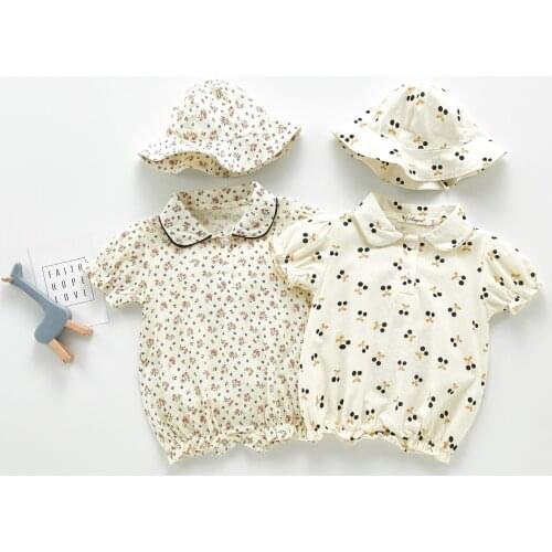 Newborn Baby Clothes Baby Girl Clothes Infant Jumpsuit +Hat 2 Piece Clothing Set Baby Cartoon Cherry Flower Short Sleeve Rompers