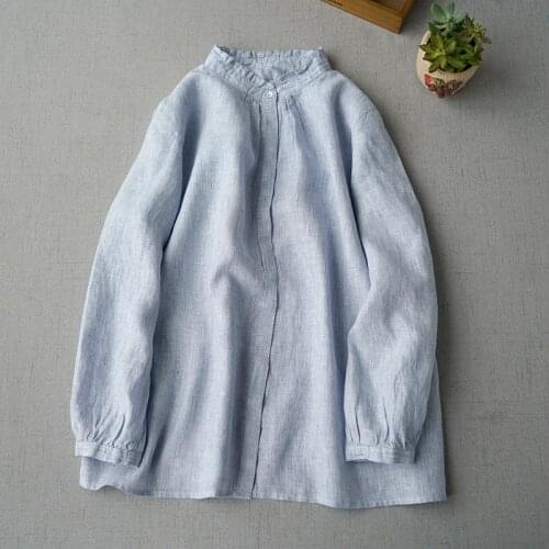 Autumn style womens clothing comfortable linen stripe long sleeve shirt fungus lace standing collar loose and versatile linen