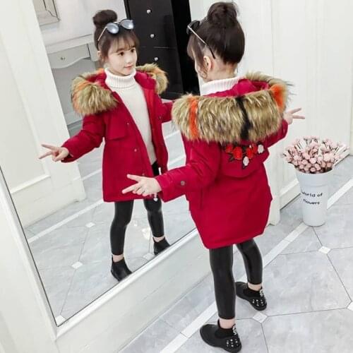 Baby Girls Embroidery Floral Pattern Coats Winter Hooded Jackets Outerwear Clothes Red/Black Color Children Clothing For 3-10Yrs