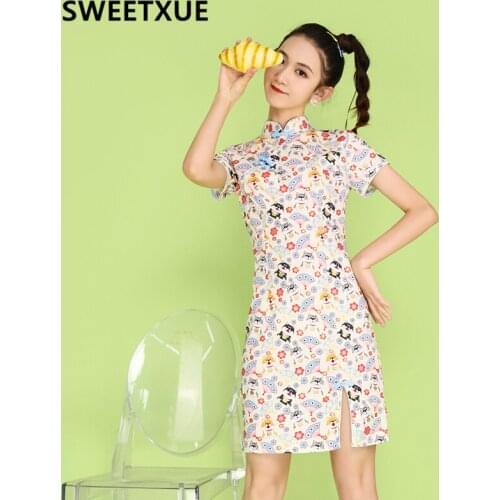 SWEETXUE Everyday Cheongsam Modern Style Young Girl Sweet And Cute Cartoon Print Ladies Simple Natural Softness Dress