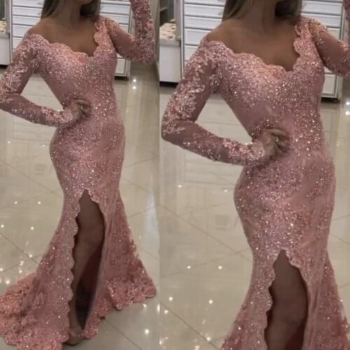 Pink prom dresses 2020 v neck long sleeve lace appliques beading crystal evening dresses side slit sexy formal dress