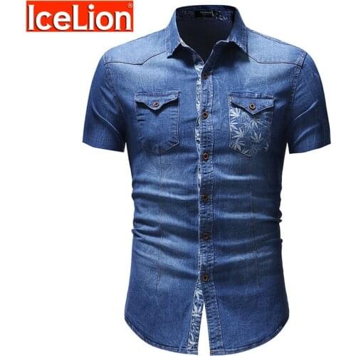 IceLion 2021 New Camisa Masculina Short Sleeves Denim Shirt For Men Leaves Printed Pocket Shirts Fashion Casual Solid Shirts Man