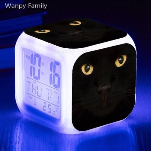Cute Black Cat Alarm Clock 7 Color Glowing LED Digital Alarm Clock For Kids Birthday gift Multifunction Toy Alarm Clock