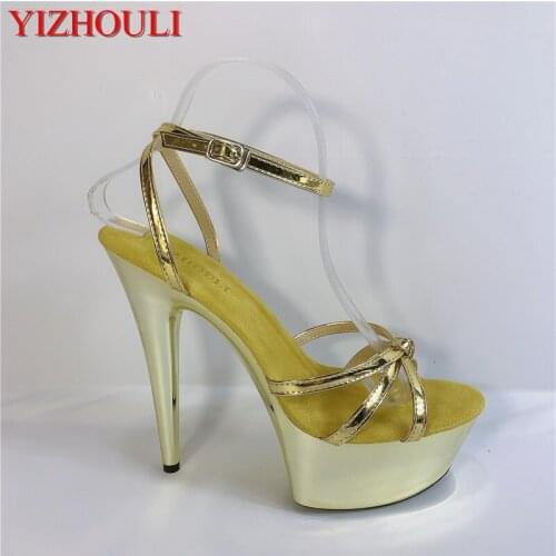 Sexy hollow out electroplated sandals, 15cm high heels, 6in cross-strap aqua gold sandals