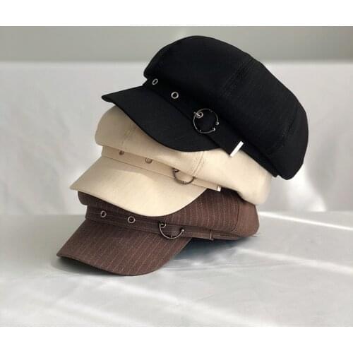 New Fashion Hat Women Octagonal Cap Beret Striped Retro French Artist Hat Painter Octagonal Hats Black Brown Casual Caps