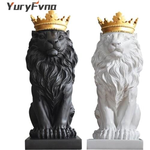 YuryFvna Abstract Resin Black White Crown Lion Sculpture Statue Crafts Home Office Decoration Geometric Animal Lion Statue Craft