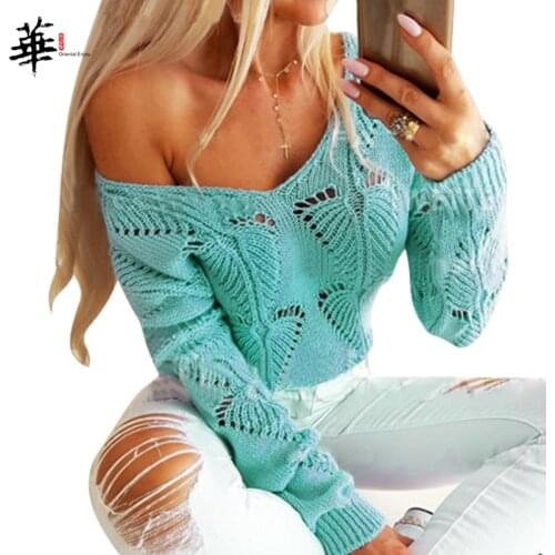 Women Hollow Out Sweater Pink Sexy Deep V Neck Knitted Fall Winter Tops Woman Loose Long Sleeve Sweaters Blue Green Jumper