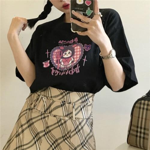 Deeptown Kawaii Emo Print T-shirts Women Harajuku Black Graphic Tees Korean Style 2021 Fashion Oversized Summer 2021 E Girl Chic