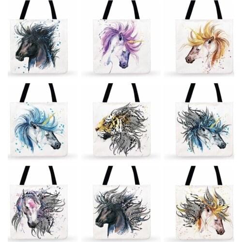 Ladies Shoulder Bag Shopping Bag Cartoon Literary Horse Illustration Print Tote Bag For Women Casual Tote Outdoor Beach Tote Bag