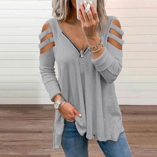 Autumn Zipper Woman T Shirts Solid Color Long Sleeve Hollow Out Fold Casual Tops Vintage V-neck Graphic Tee Shirts for Women