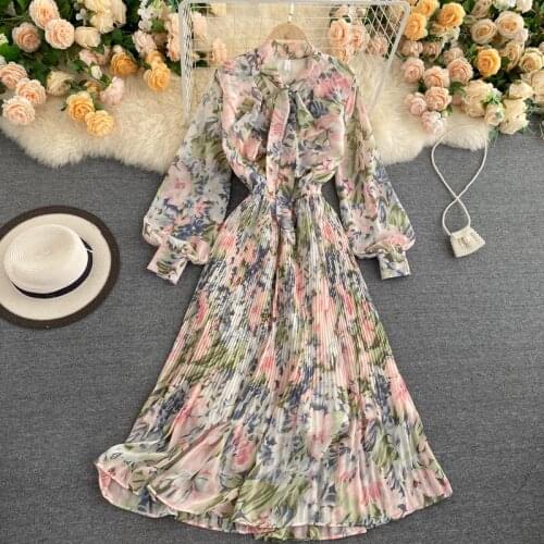 Autumn Bohemian Floral Long Dress Women Vacation Beach Party Vestidos Female Bow Collar Lantern Sleeve Chiffon Robe 2021 Fashion