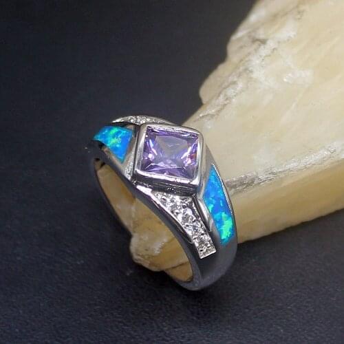 Hermosa Mystical Gentle Blue Opal Amethyst Genuine 925 Silver Band Ring Wedding Engagement Gifts for Women Size 7# 20214275