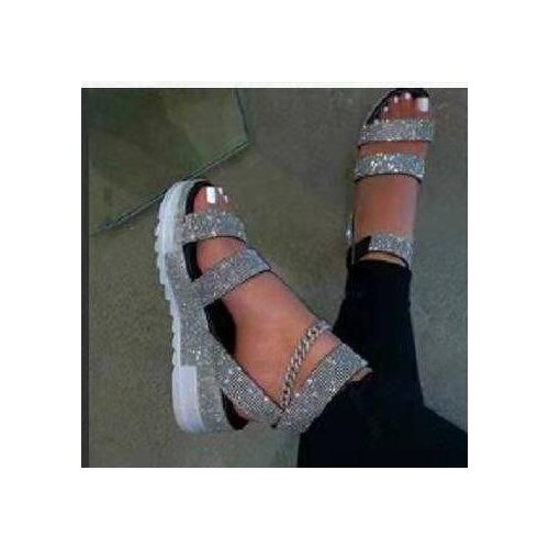 2021 summer new style word with sequined fish mouth shoes Roman style color rhinestone buckle platform wedge sandals women