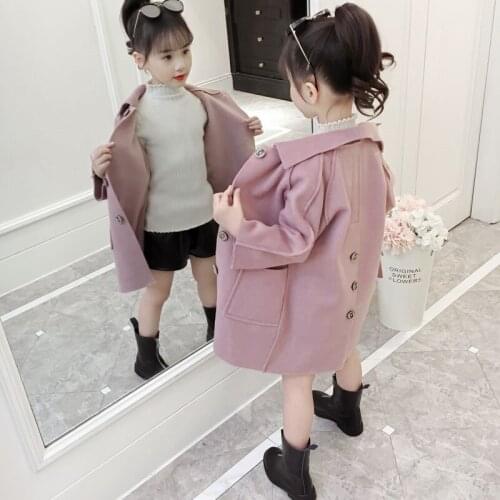 2021 Pink Winter Autumn Woolen Coat Girls Kids Thicken Outerwear Teenage Top Costume Ruffle Evening Party Childrens Clothing