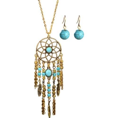 Ethnic Necklaces Vintage Gold Color Stone Beaded Beads Pendant Necklace Earrings Set Tassel Long Sweater Chain Handmade Jewelry