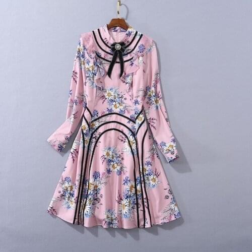 European and American womens clothing 2020 autumn new style Long - sleeved bow collar Fashionable pink floral dress