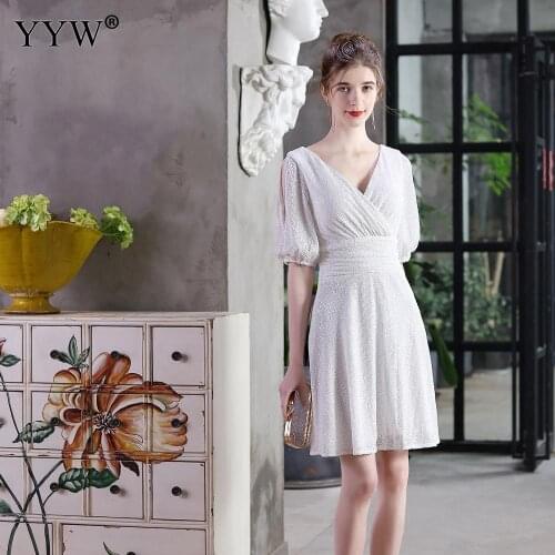 Gilter Bling Sequins Midi Party Dresses Women White Black Gold Short Evening Dress Half Sleeve V Neck Formal Party Vestidos 2021