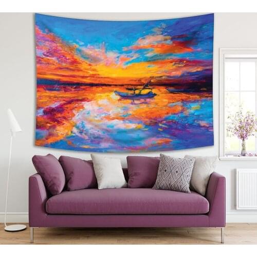 Tapestry Boat Colorful Sky Sunset Reflection on Sea Seascape Oil Painting on Canvas Art Printed Blue Orange Purple