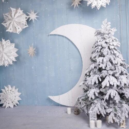 Blue Wall Moon Stars Christmas Tree Baby Photography Backgrounds Custom Photographic Backdrops for Photo Studio