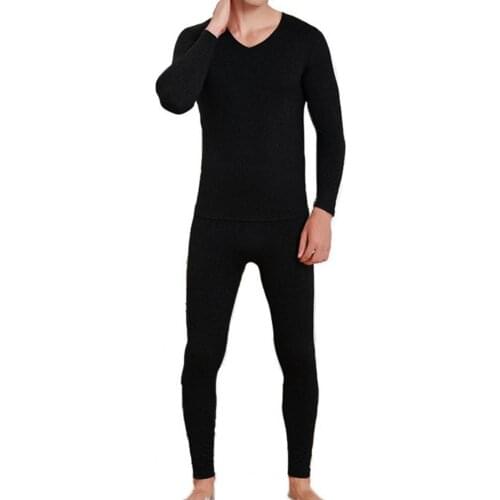 Men Pajamas Suit 2021 Underwear Suit Solid Color Warm Seamless V Neck Tight Home Suit Soft Comfy Home Suit for Autumn