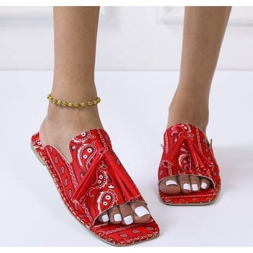 National Style Fringe Ornament Bandanna Shoe Square Toe Women Slippers Lovely Outside Slides Big Size 2021