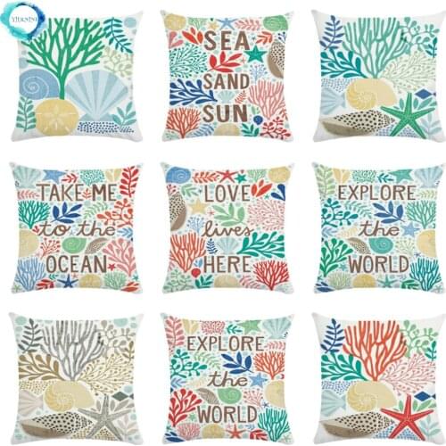 Decorative Cushion Cover Watercolor Marine Life Ocean Coral Shell Starfish Print Polyester Pillow Case Bedroom Sofa Decoration