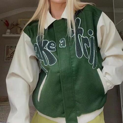 Autumn new letter embroidery color matching baseball uniform retro clothes Korean jacket women fashion high-quality green jacket
