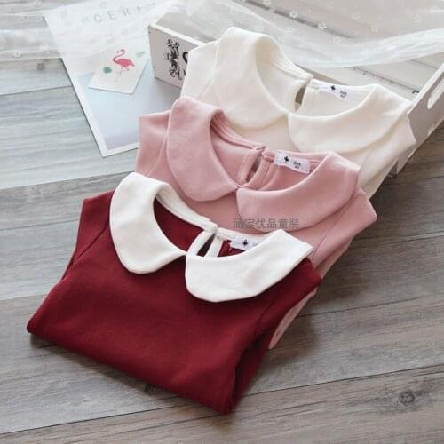 New arrival spring autumn baby girl white cotton t-shirt kids cute casual peter pan collar top tees