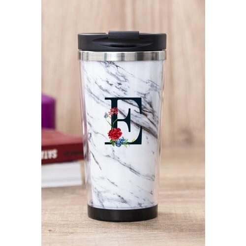 Gift Shop E Letter White Marble Thermos Cup