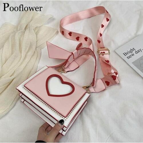 Pooflower Korea Kawaii Pink Heart Bow Tie Purse Bags 2020 Women PU Leather Shoulder Bags Girls Totes HandBag Crossbody Bag ZH110
