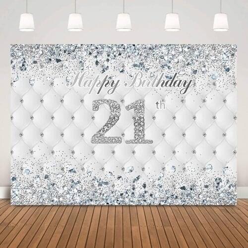 Happy 21th Birthday Backdrop Sliver Glitter Diamond Adult Birthday Party Banner Photo Background Custom Photography Backdrops