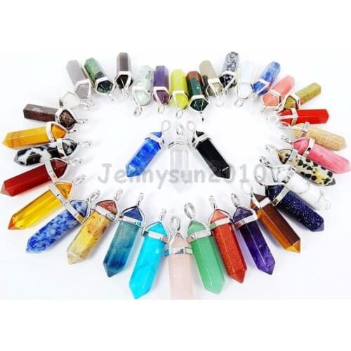 Series #1 Natural Gems Stones Hexagonal Pointed Healing Reiki Chakra Pendant Beads Silver Cap Necklace Earrings Jewelry Making