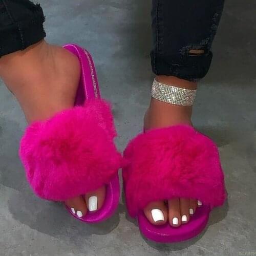 New Fur Women Slippers Shoes 2020 Ladies Slippers Outdoor Slides Ladies Furry Beach Flip Flops Fluffy Women Shoes Size Plus 43