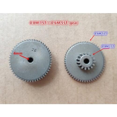 Steel gear 0.8M 15T + 0.6M 55T duplex gear, outside diameter 13.6mm, 34.2mm metal gear