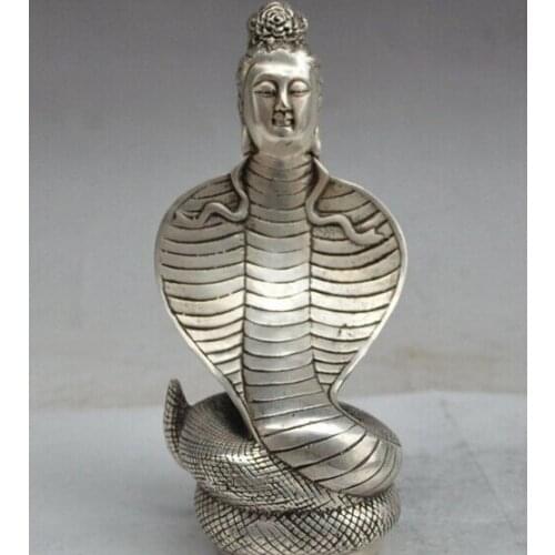 Decoration Tibet copper silver 7"china chinese folk silver snake god flower Kwan-Yin Bodhisattva goddess statue