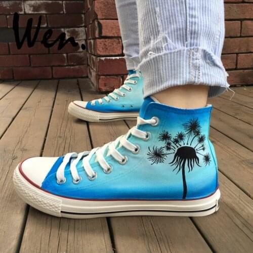 Wen Hand Painted Canvas Shoes Original Design Custom Dandelion Blue Background Man Womans High Top Canvas Sneakers for Gifts