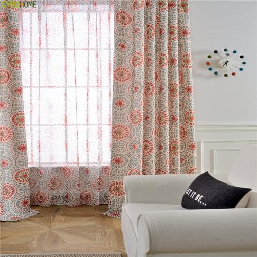 Linen Cotton Semi-blackout Korean Red Fireworks Curtain Tulle for Living Room Kitchen