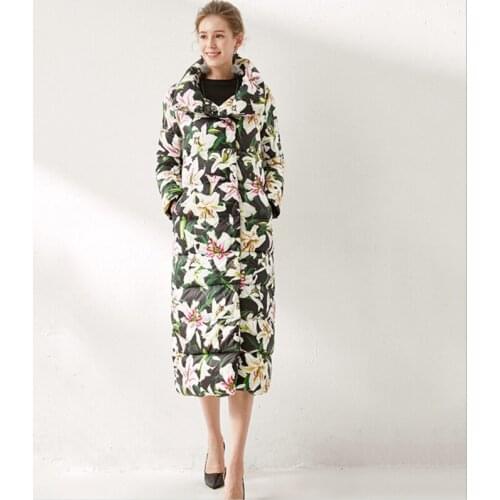 European station thick and long down jacket 2020 winter new female brand coat lily print stand-up collar down jackets lady coats