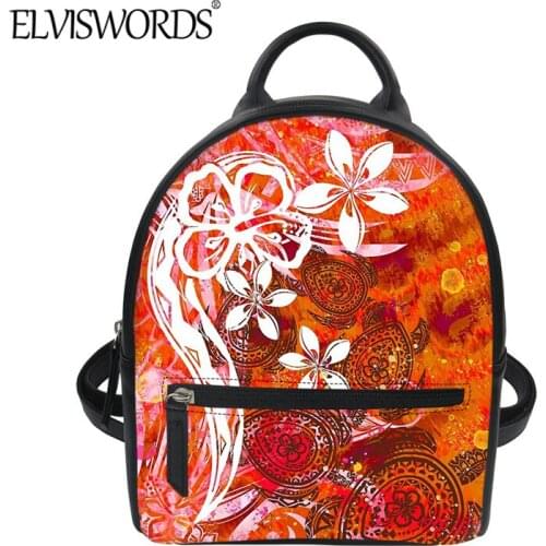 ELVISWORDS Hawaiian Samoan Tribal Pattern Women Mini PU Backpack Polynesian Lava Ocean Honu Print Casual Shoulder Bag Mujer