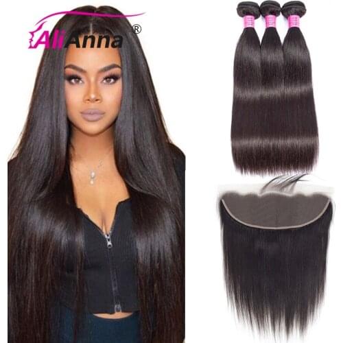 ALIANNA Straight Bundles With Frontal Brazilian hair 13x4 lace frontal Remy Human Hair Bundles 30 inch Bundles With Frontal