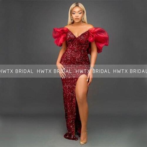 Sparkly Burgundy Sequin Evening Dresses Ruffles Off the Shoulder Slit Mermaid African Women Long Formal Evening Dress Celebrity