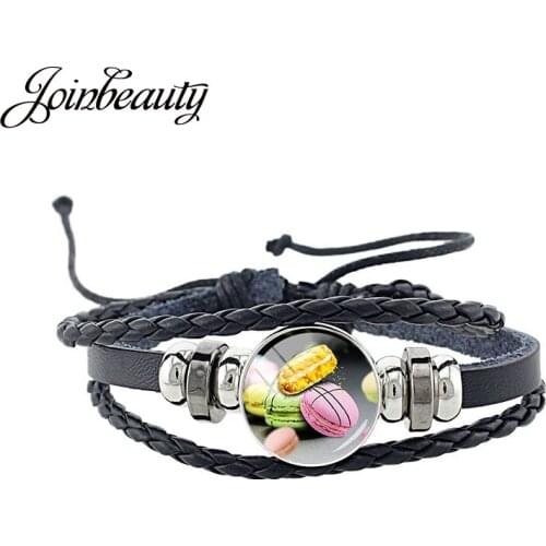 JOINBEAUTY Macaroon Lovely Biscuits Photo Women Black Leather Bangles 18MM Round Glass Metal Snap Button Bracelet Jewelry FD100