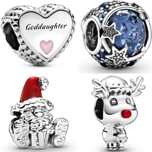 Sparkling Stars Red Nosed Reindeer Goddaughter Heart Seated Santa Beads 925 Sterling Silver Charm Fit Pandora Bracelet Jewelry