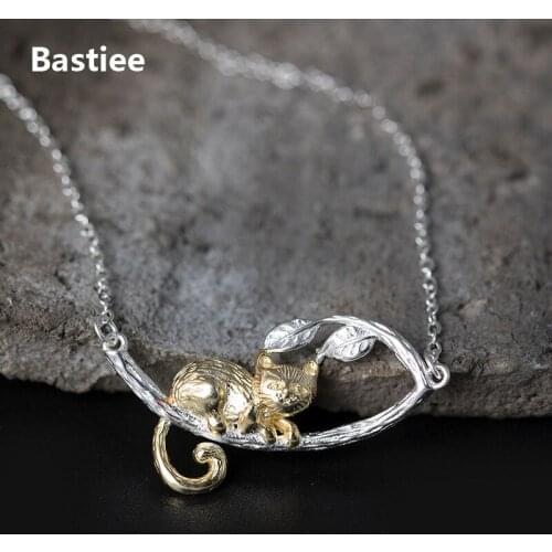 Bastiee 925 Sterling Silver Necklace Pendant Cat Branch Jewelry For Women Link Chain Chinese Gold Plated