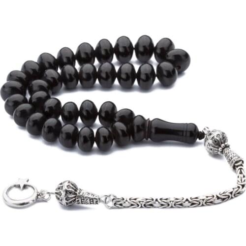 Natural Jet Stone Prayer Bead With Silver Tassel Men Rosary Islamic Tasbih With Crescent Star Tassel 925 Sterling Silver
