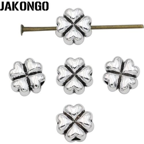 JAKONGO Antique Silver Plated Clover Spacer Beads for Jewelry Making Bracelet DIY Accessories Craft 25pcs