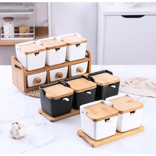 Ceramic Suger Jar Kitchen Canister Sets Household Seasoning Box Salt Pepper Shaker Kitchen Supplies Creative Bamboo Wooden Stand